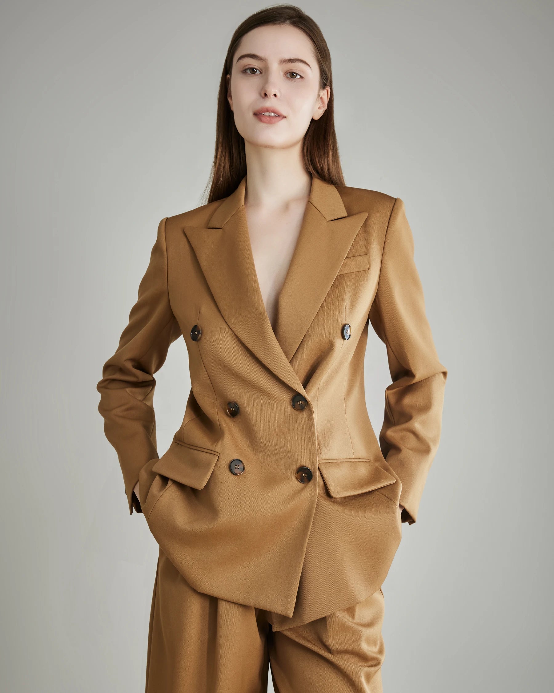 Women's Wool Double-Breasted Blazer, Camel