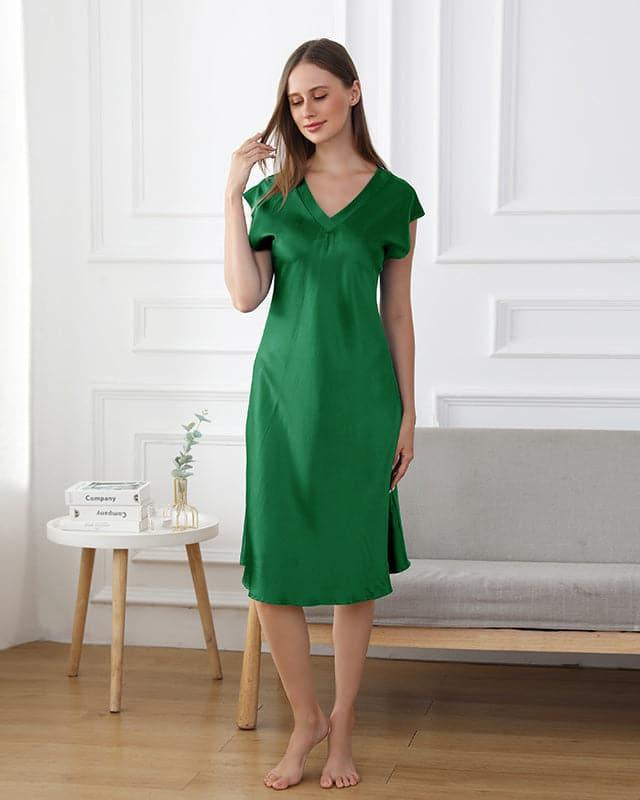19 Momme Relaxed Fit V-neck Silk Nightgown, Dark Green