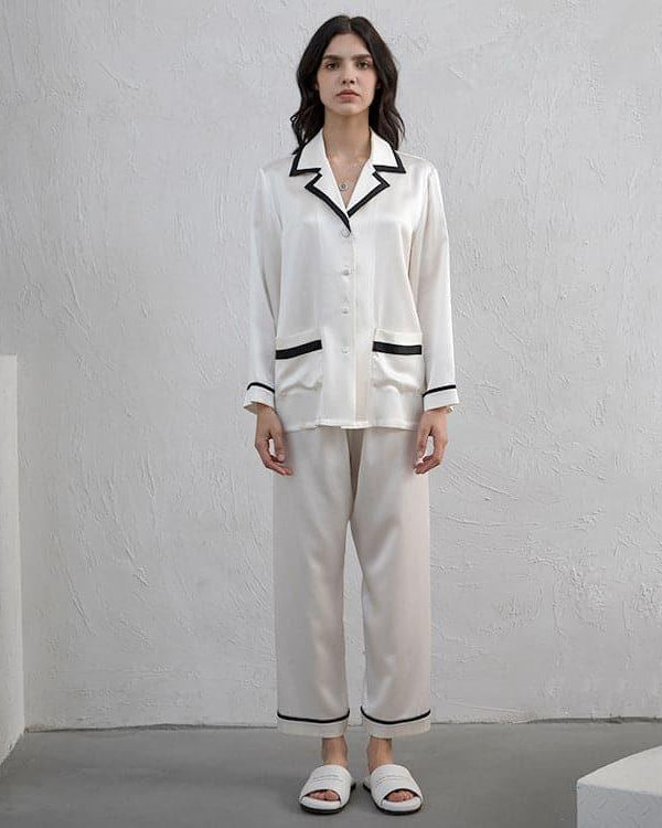 Women's Silk Pajama Set with Contrast Piping - DAISYSILK