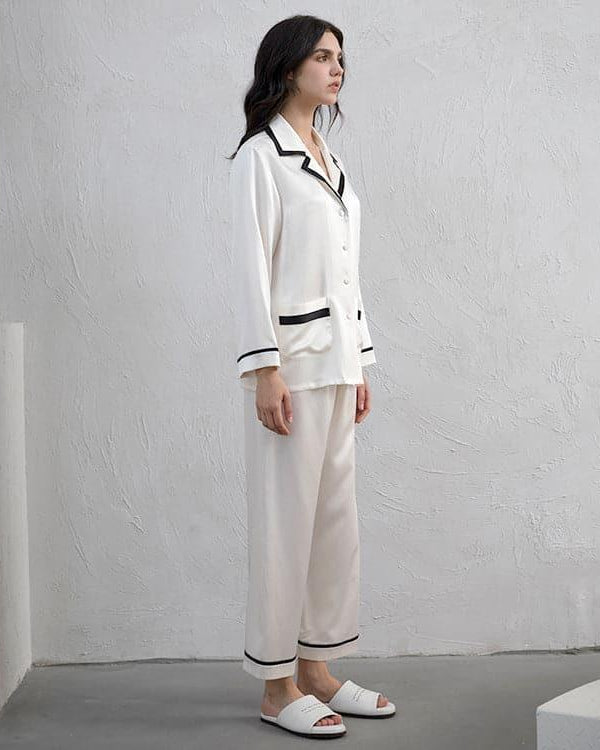Women's Silk Pajama Set with Contrast Piping - DAISYSILK