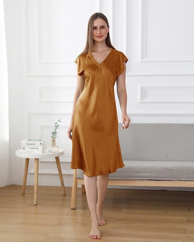 19 Momme Relaxed Fit V-neck Silk Nightgown, Yellow