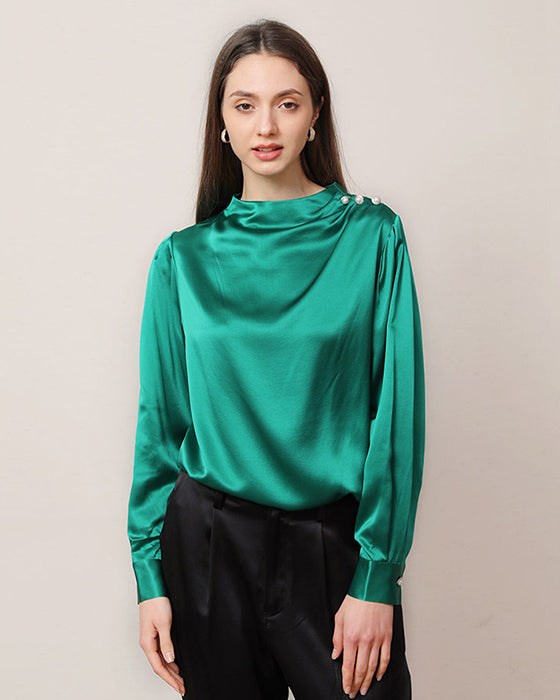Mock Neck Silk Blouse with Pearl Button, Dark Green