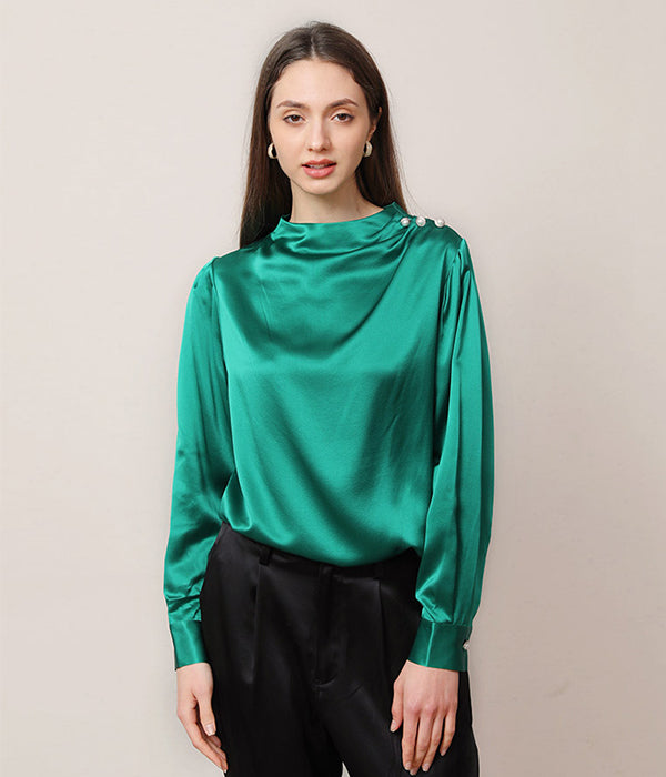 Mock Neck Silk Blouse with Pearl Button, Dark Green