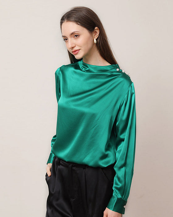 Mock Neck Silk Blouse with Pearl Button, Dark Green
