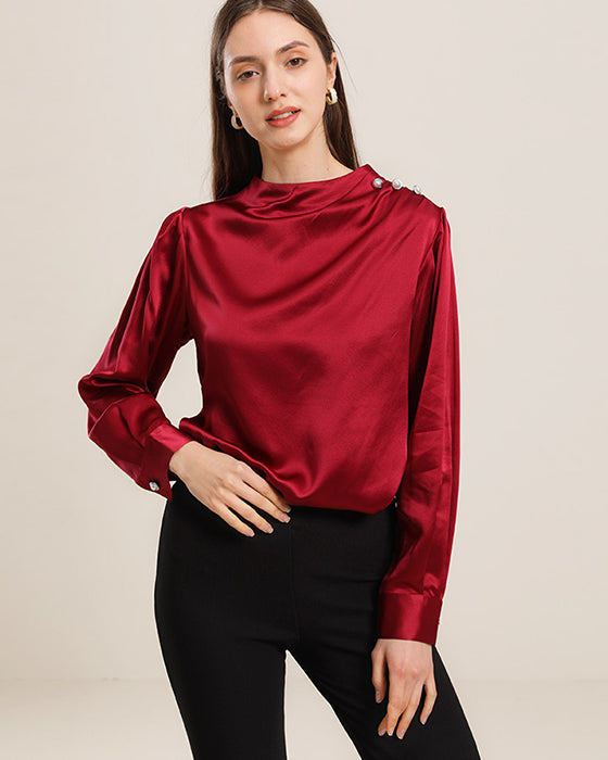 Mock Neck Silk Blouse with Pearl Button, Red