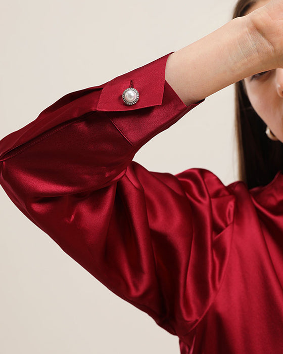 Mock Neck Silk Blouse with Pearl Button, Red