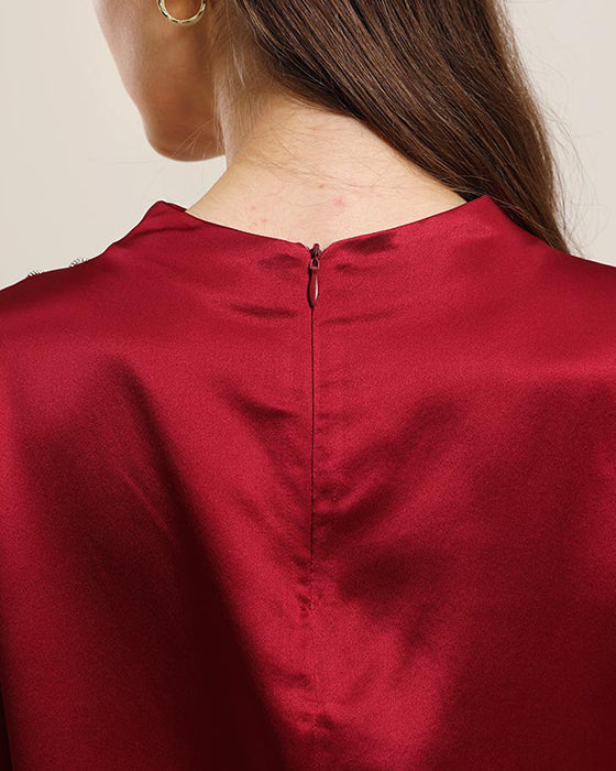 Mock Neck Silk Blouse with Pearl Button, Red