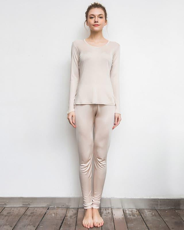 Mulberry Silk Long Thermal Underwear Set for Women Beige