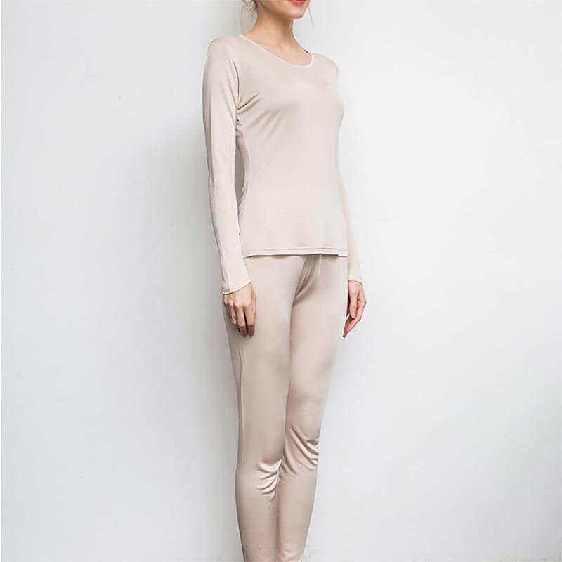 Mulberry Silk Long Thermal Underwear Set for Women Beige
