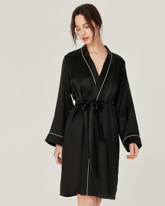 Pure Silk Nightgown & Robe Set 2Pcs Black