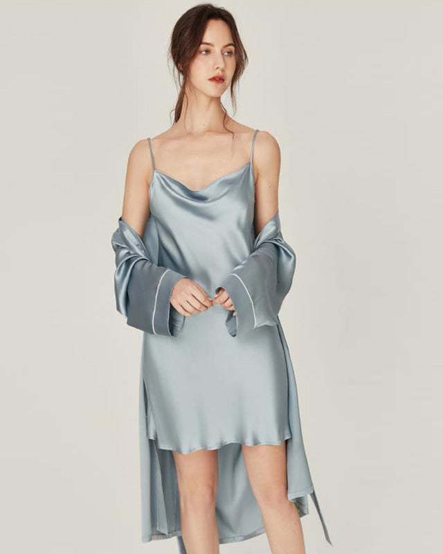 Pure Silk Nightgown & Robe Set 2Pcs Haze Blue