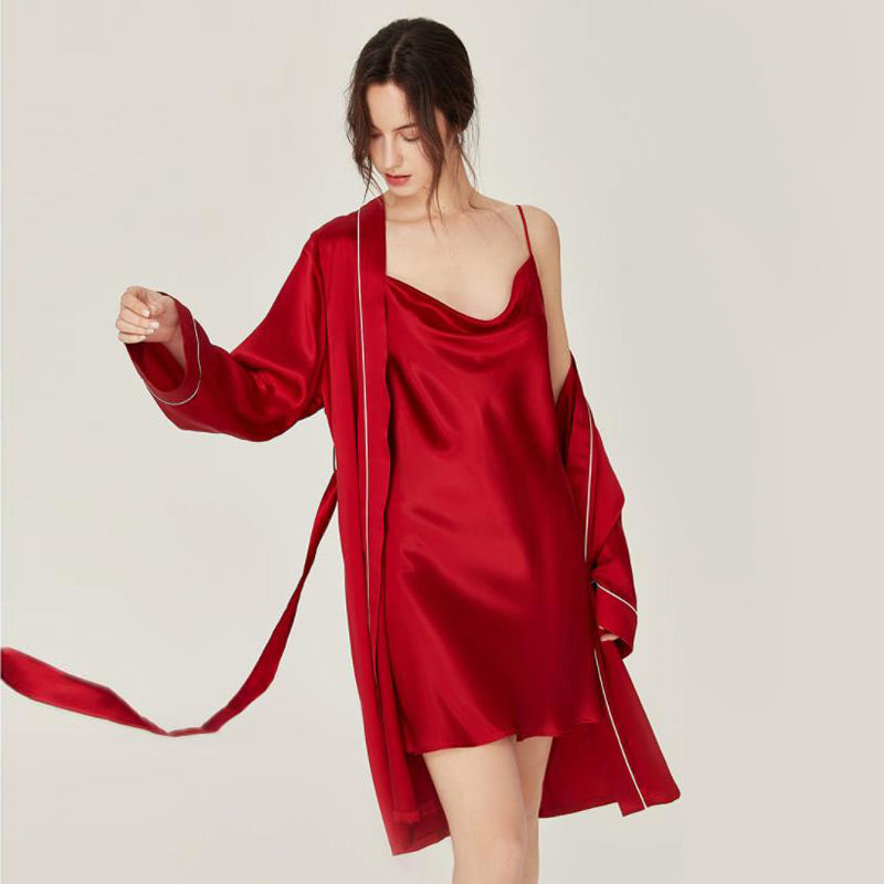 Pure Silk Nightgown & Robe Set 2Pcs Red