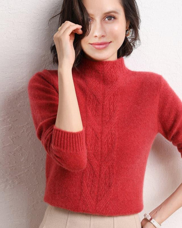 Mock Neck Knit Cashmere Sweater, Red