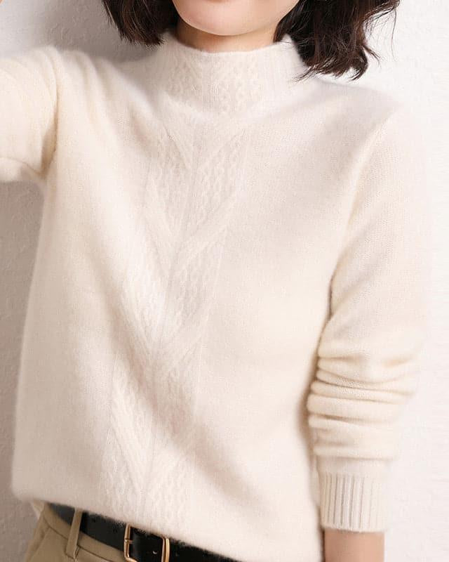 Mock Neck Knit Cashmere Sweater, White