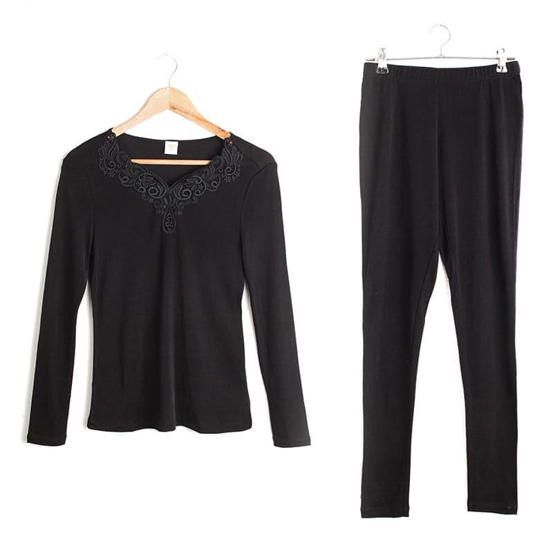 100% Silk Women Thermal Underwear Set, Black