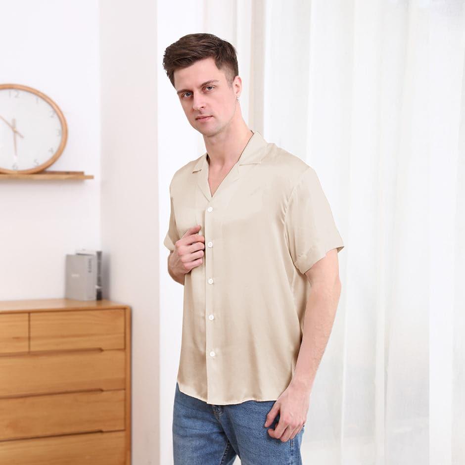 Gentle Lapel Collar Silk Short Shirt Blouse For Men - DAISYSILK