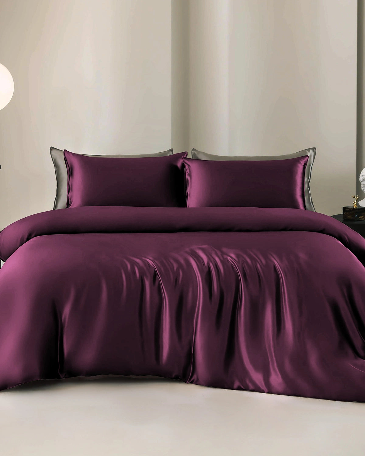 Luxurious 4-piece Silk Bedding Set Including Duvet Cover and Flat Sheet, Dark Purple