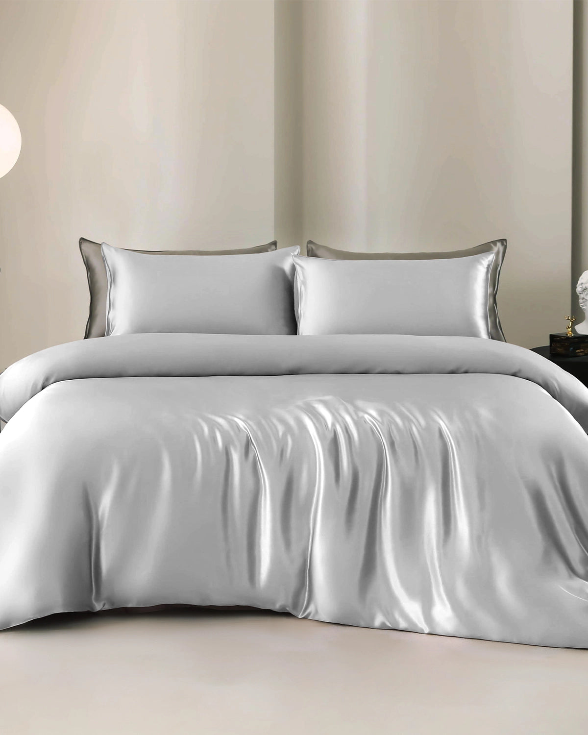 Luxurious 4-piece Silk Bedding Set Including Duvet Cover and Flat Sheet, Grey