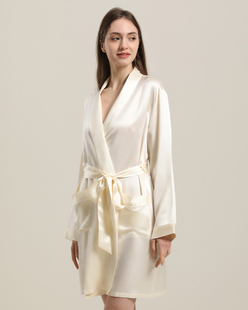  Classic Mid Length Silk Robe For Women, Cream