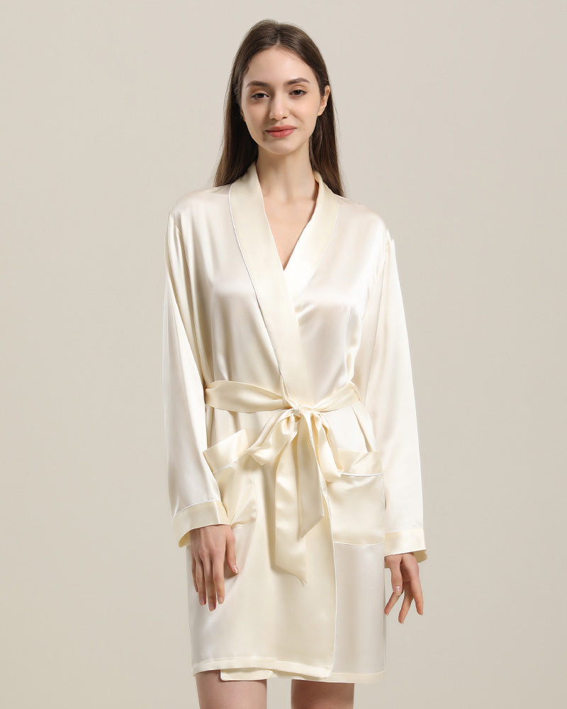  Classic Mid Length Silk Robe For Women, Cream