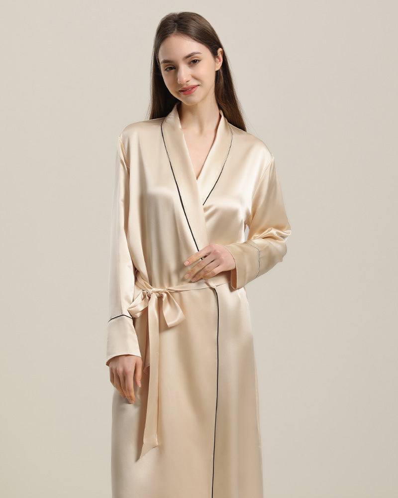 22 Momme Contra Trim And Full Length Silk Robe, Champagne