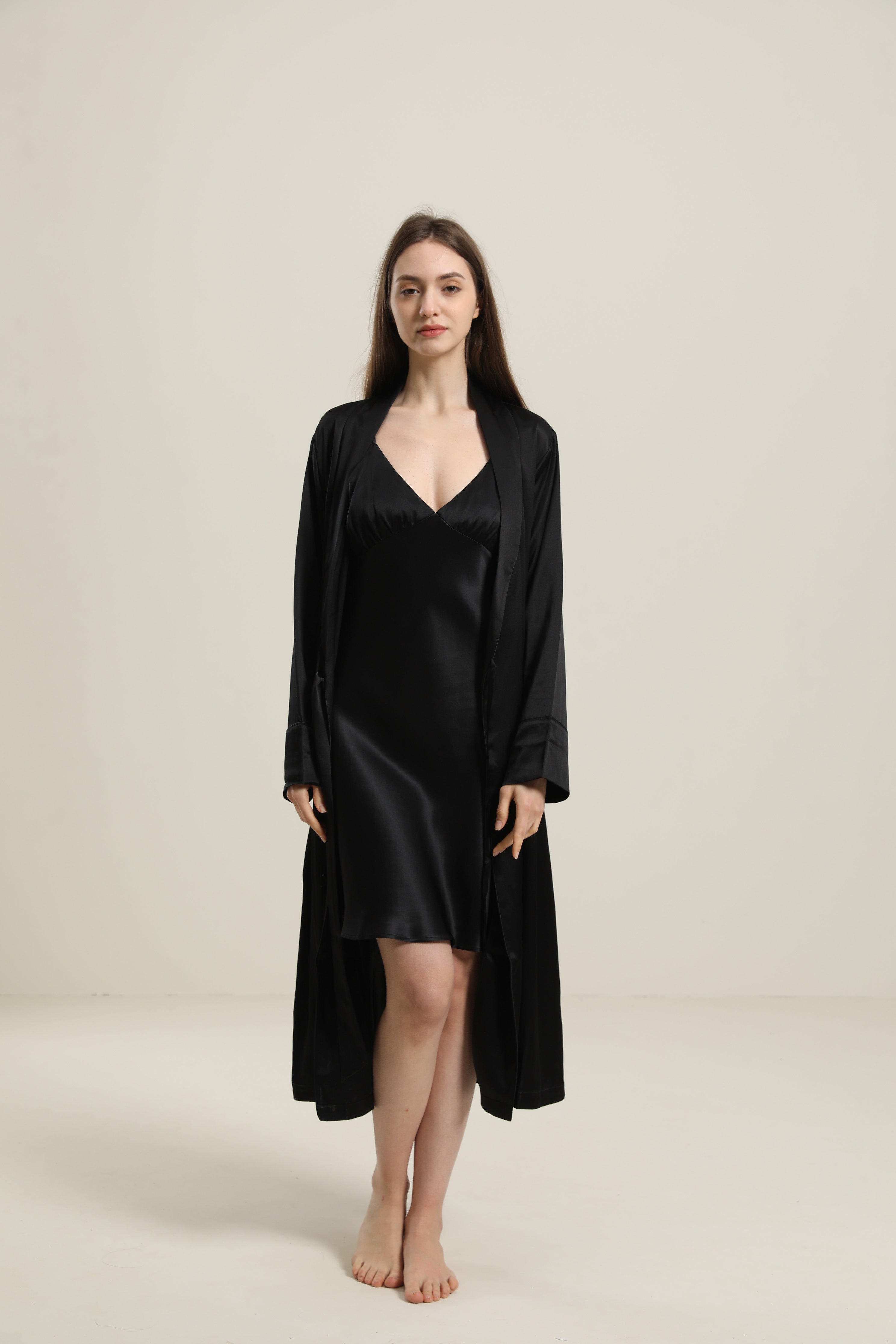 22 Momme Contra Trim And Full Length Silk Robe, Black