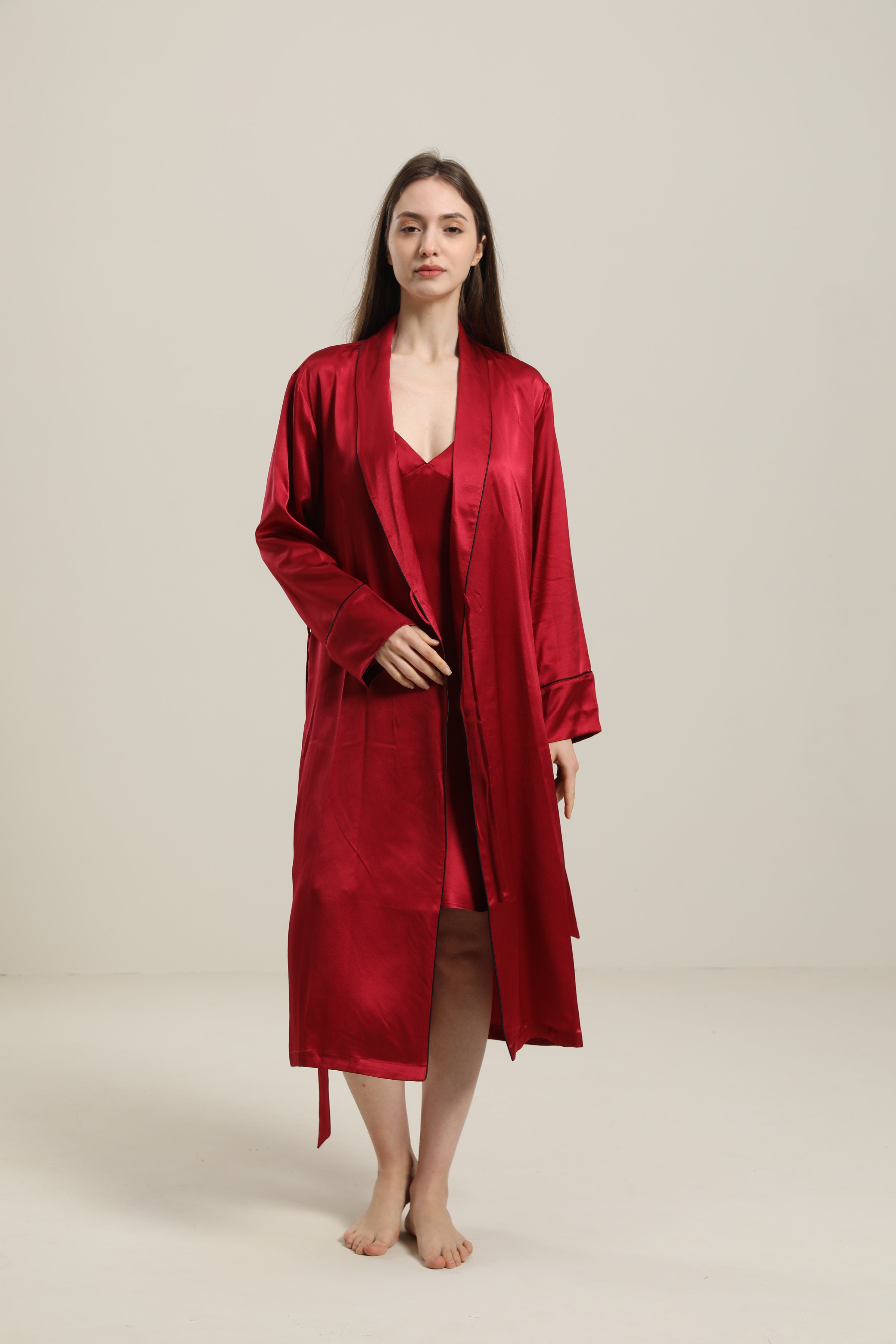 22 Momme Contra Trim And Full Length Silk Robe, Burgundy