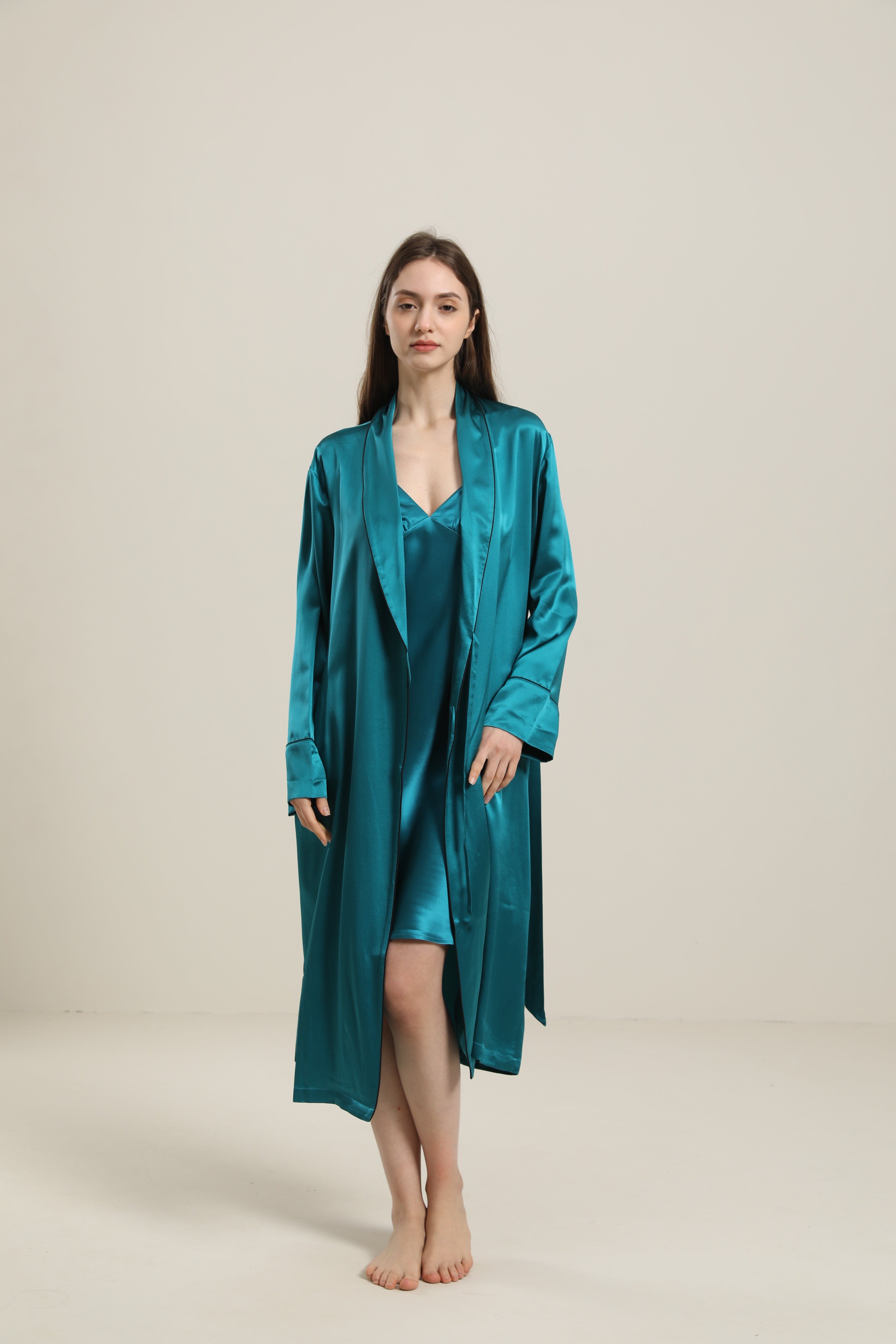 22 Momme Contra Trim And Full Length Silk Robe, Peacock Blue
