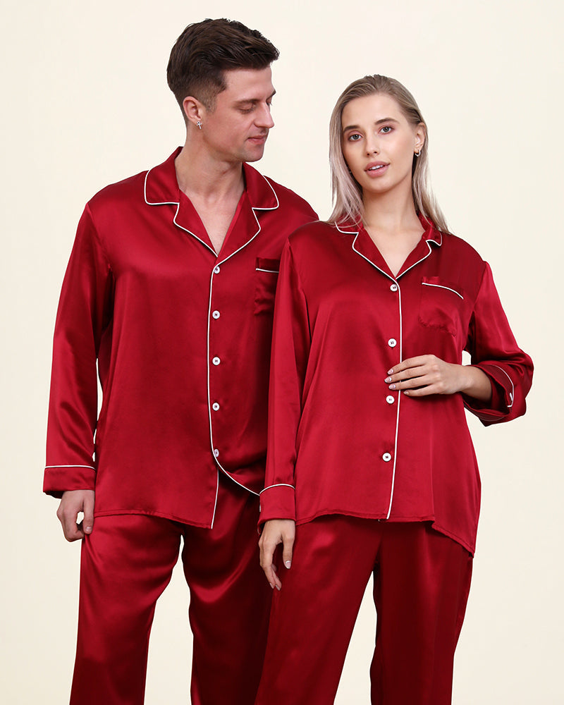 Classic Long Silk Pajamas for Couple, Burgundy