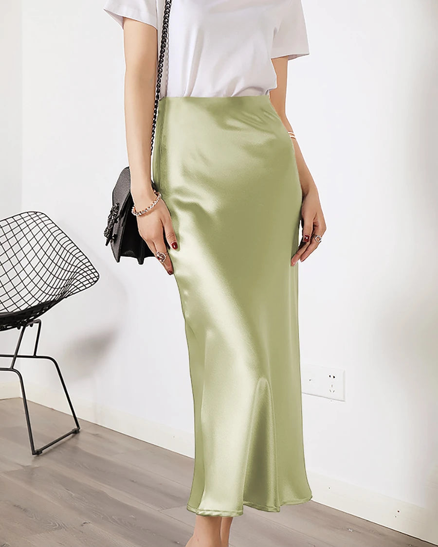 Versatile Silk Midi Skirts with Elastic Waistband, Light Green