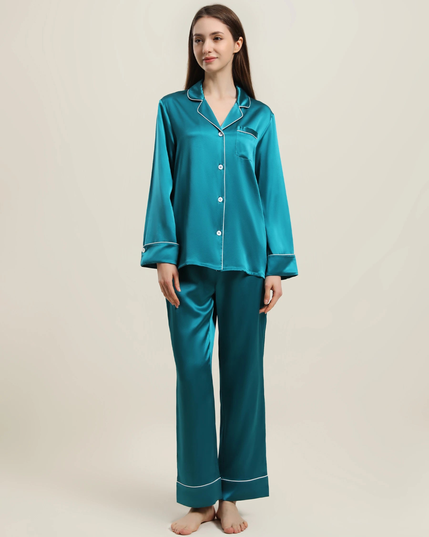 22 Momme Classic Silk Pajamas Set Peacock Blue