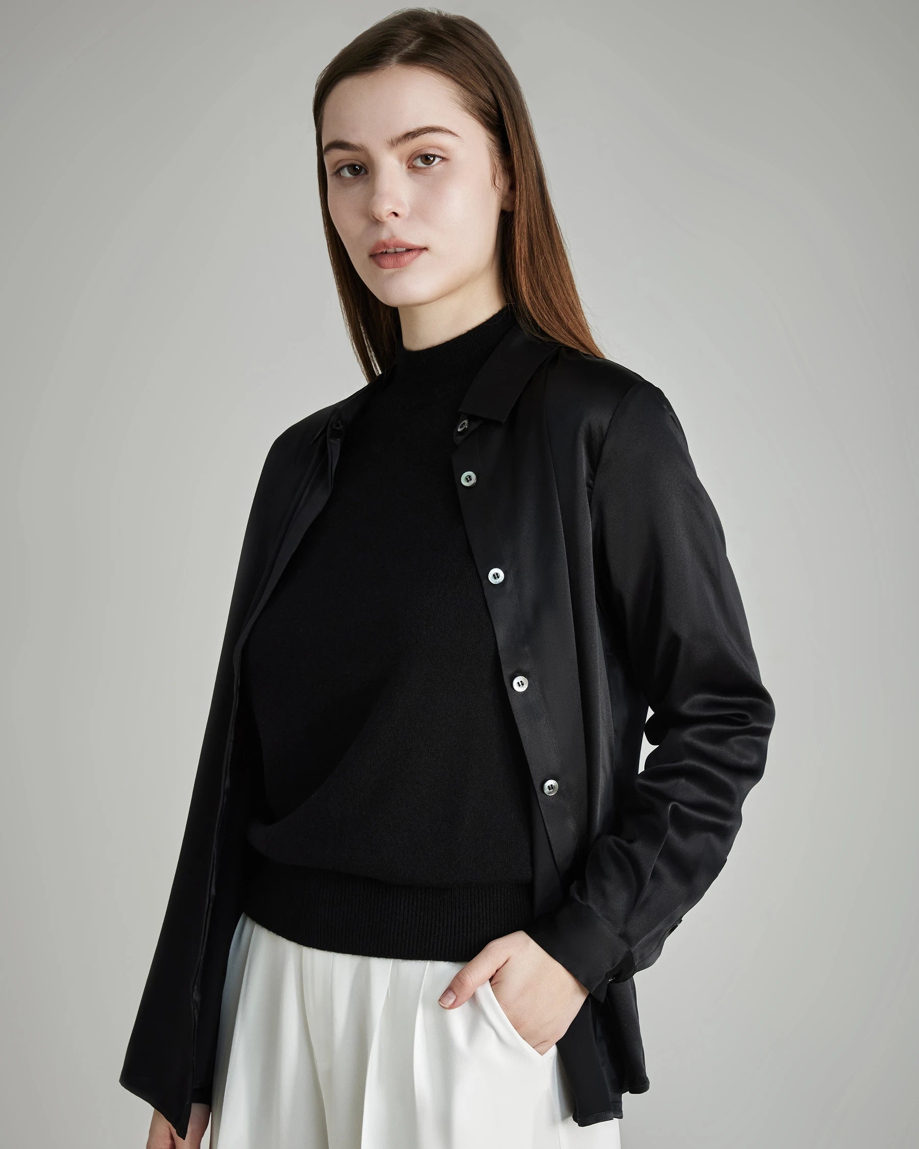 Women's Basic Concealed Silk Shirt Black