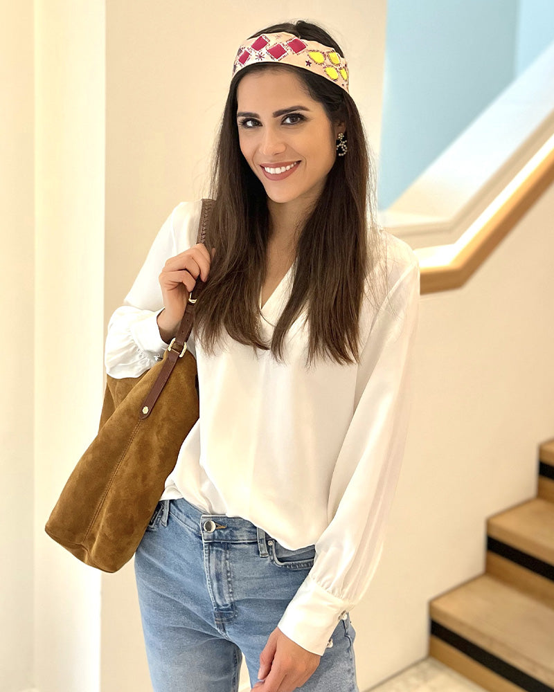 Silk Blouse V-neck Shirt Top for Women Ivory