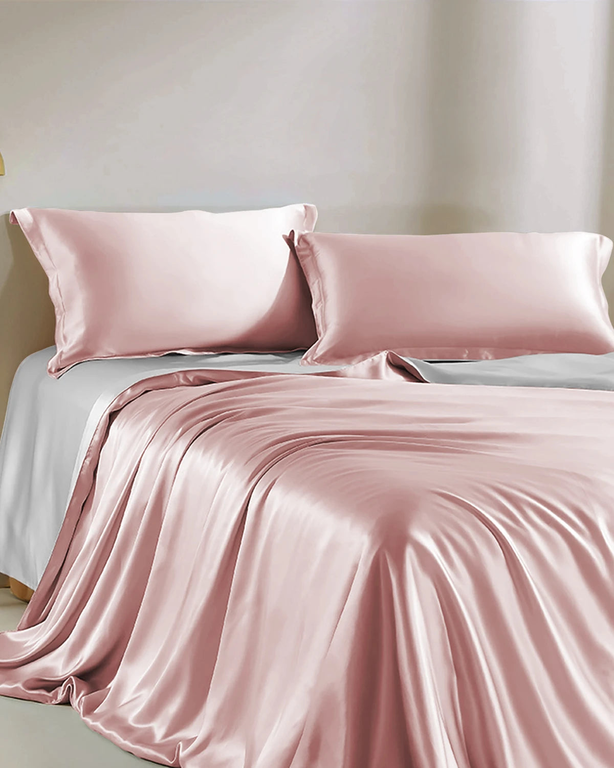 22 Momme Dual Color Silk Bed Set 4PCS, Pink and Silver