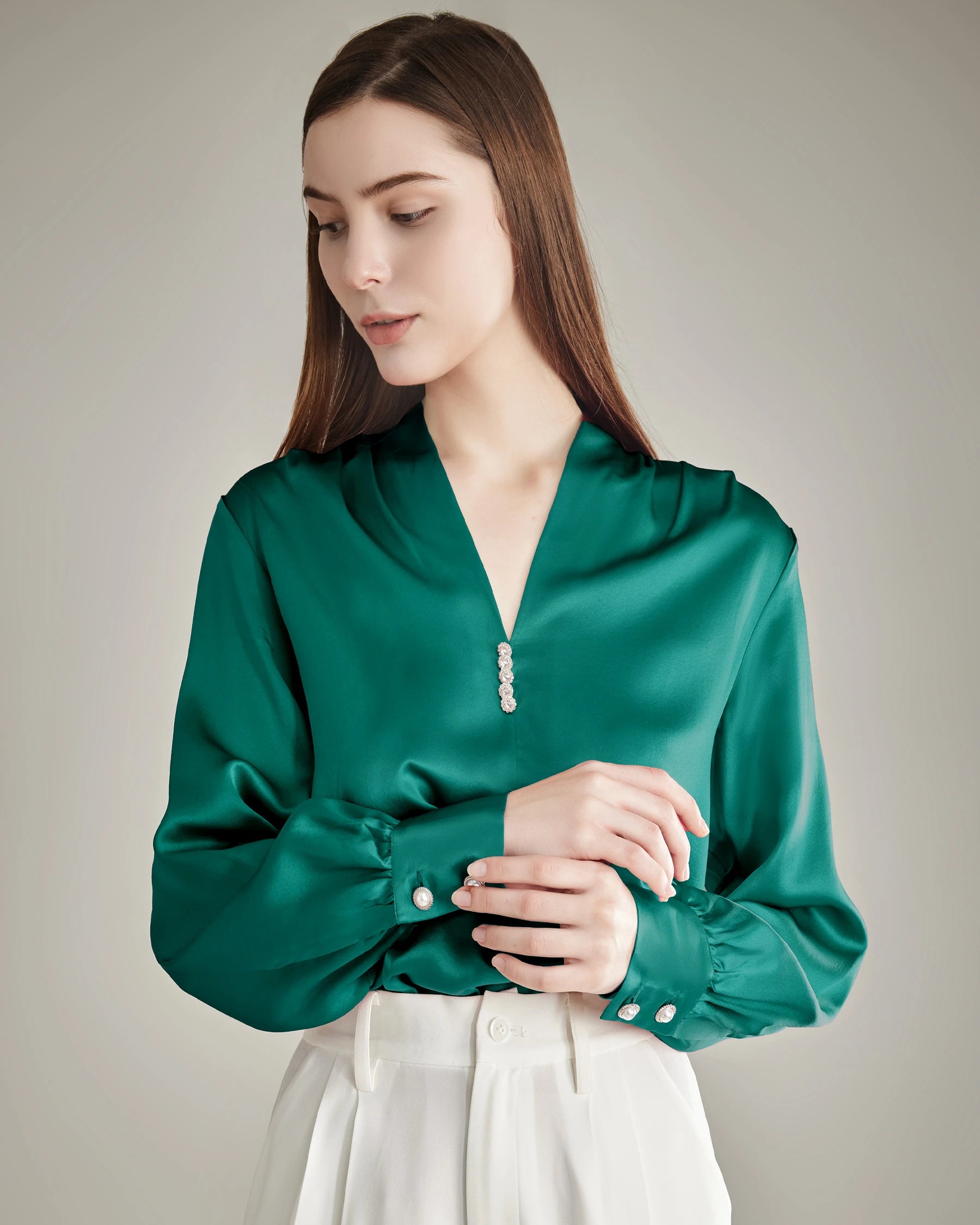 Silk Blouse V-neck Shirt Top for Women Dark Green