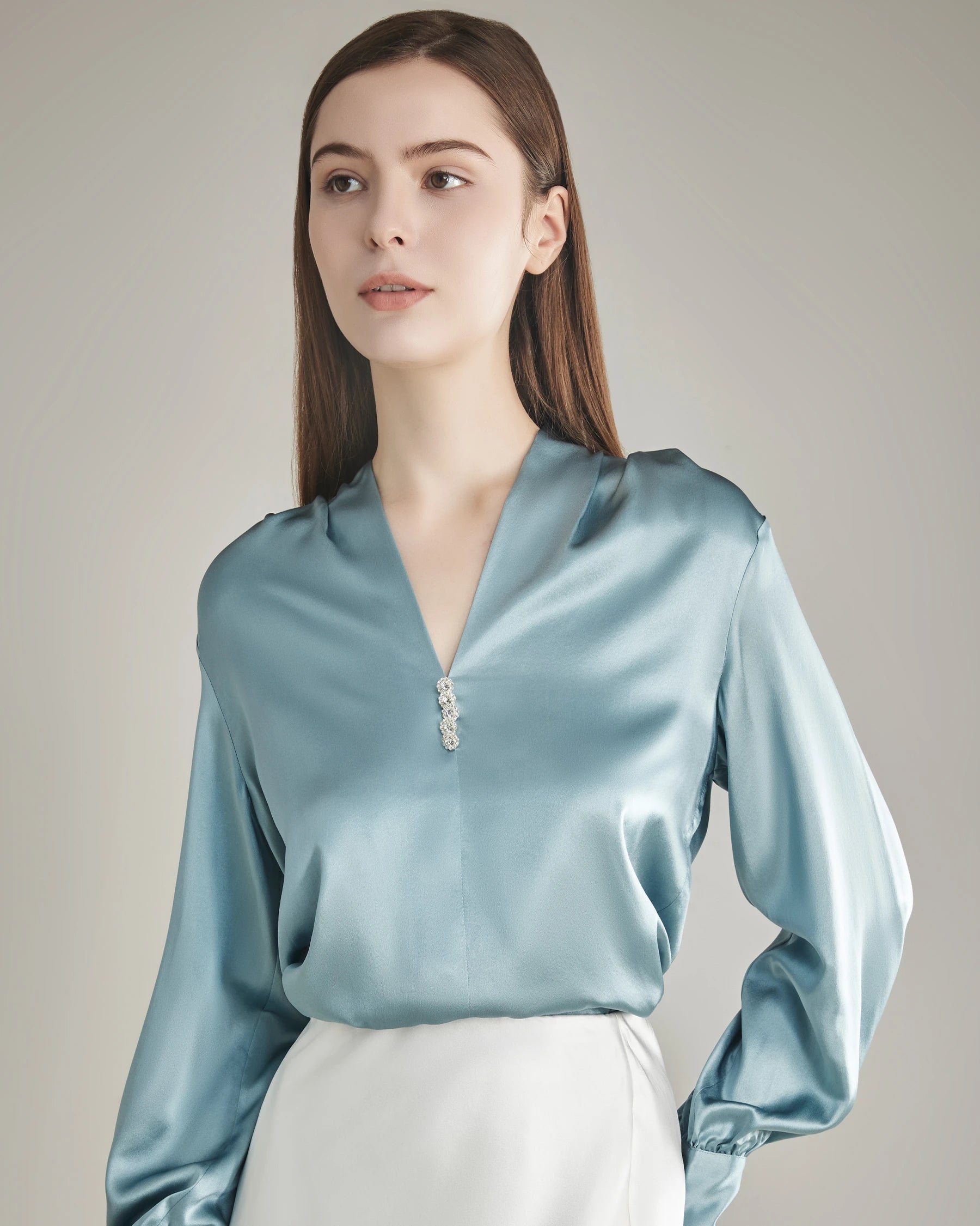 Silk Blouse V-neck Shirt Top for Women Haze Blue