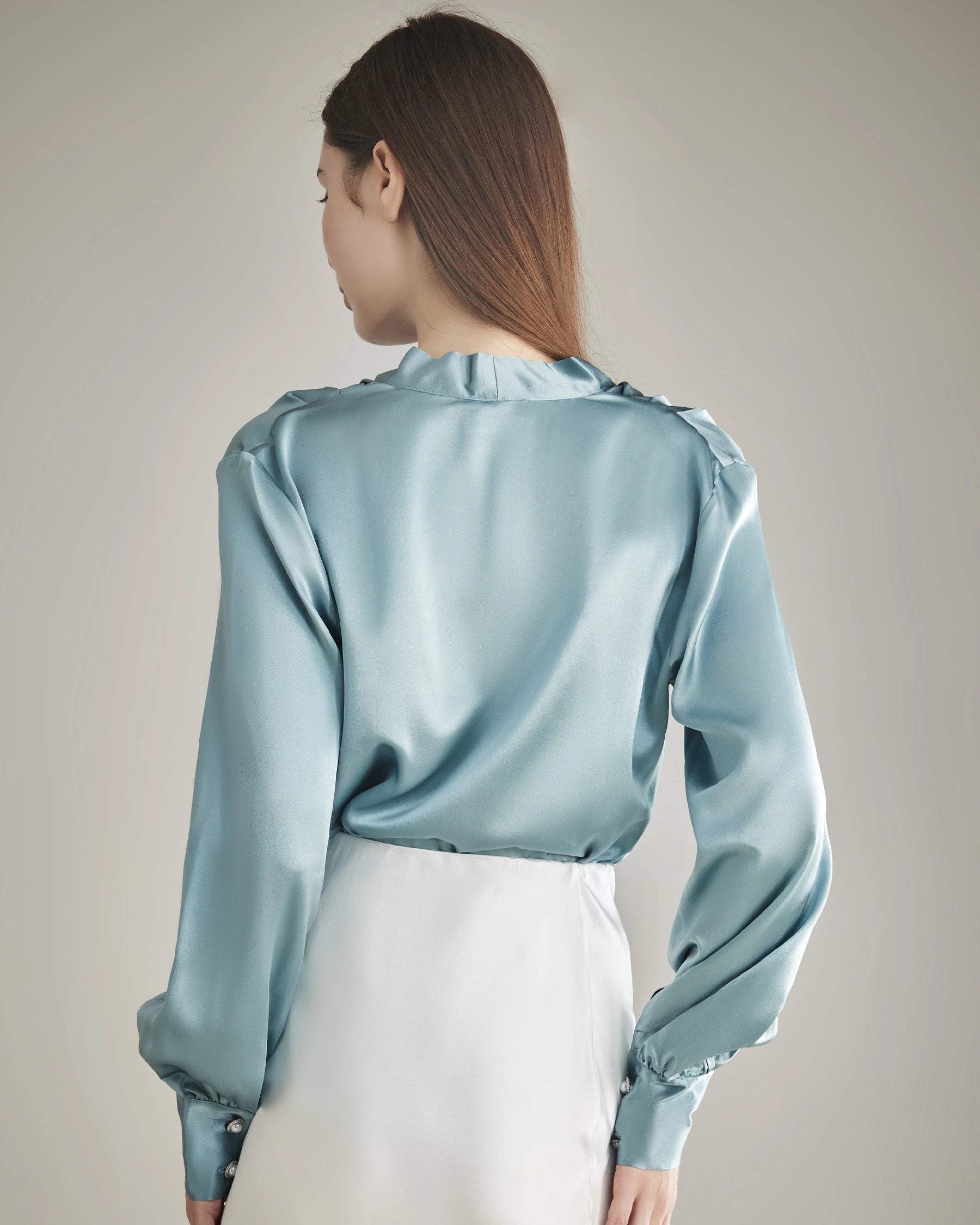 Silk Blouse V-neck Shirt Top for Women Haze Blue