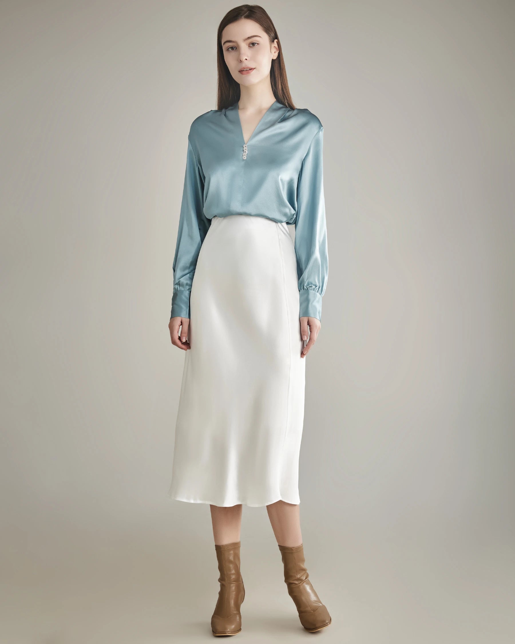 Silk Blouse V-neck Shirt Top for Women Haze Blue