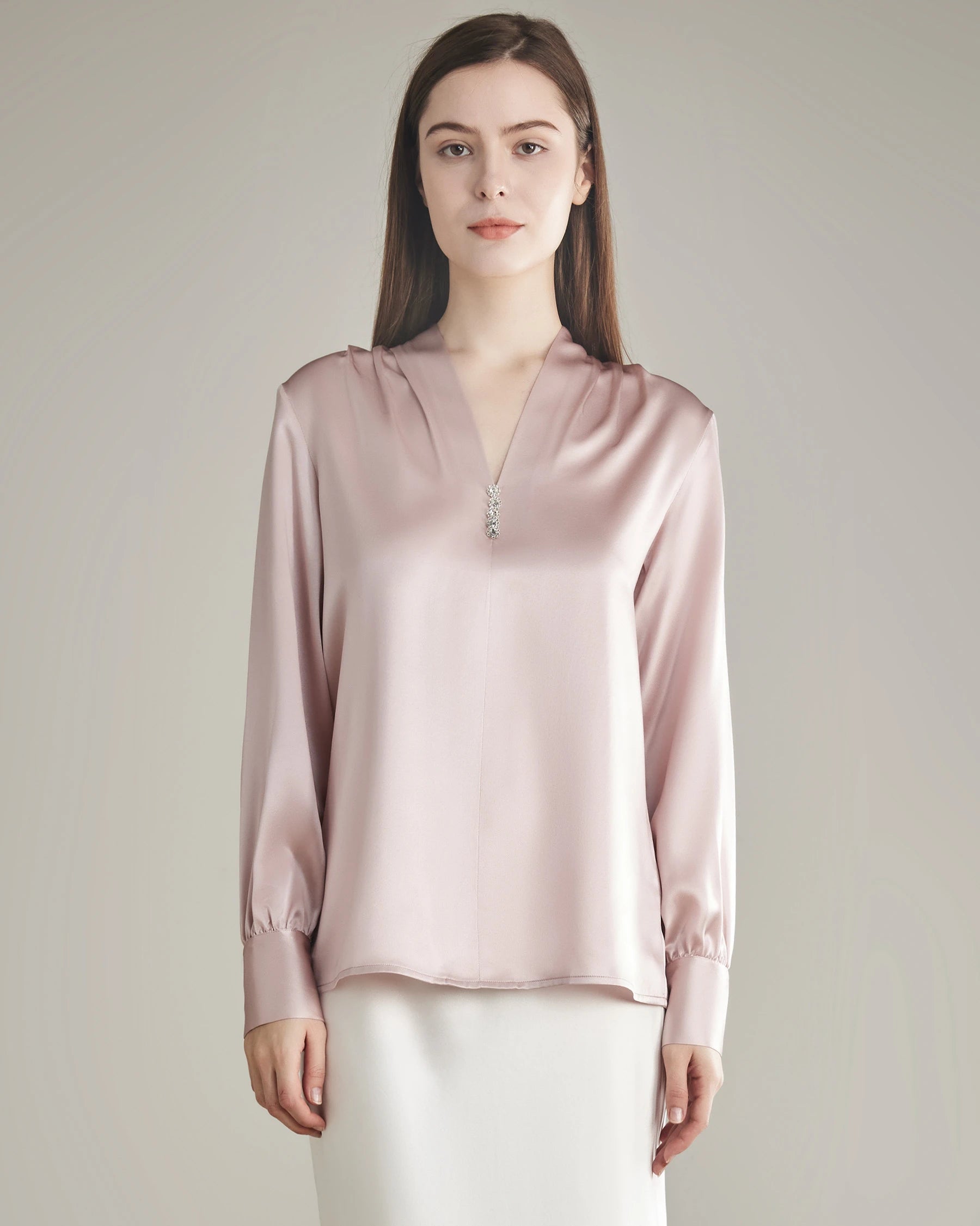 Silk Blouse V-neck Shirt Top for Women Rose Pink