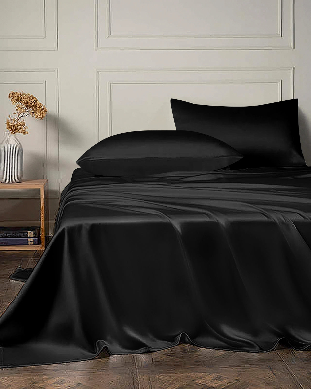 22 Momme 4PCS Silk Flat Sheet and Fitted Sheet Set, Black