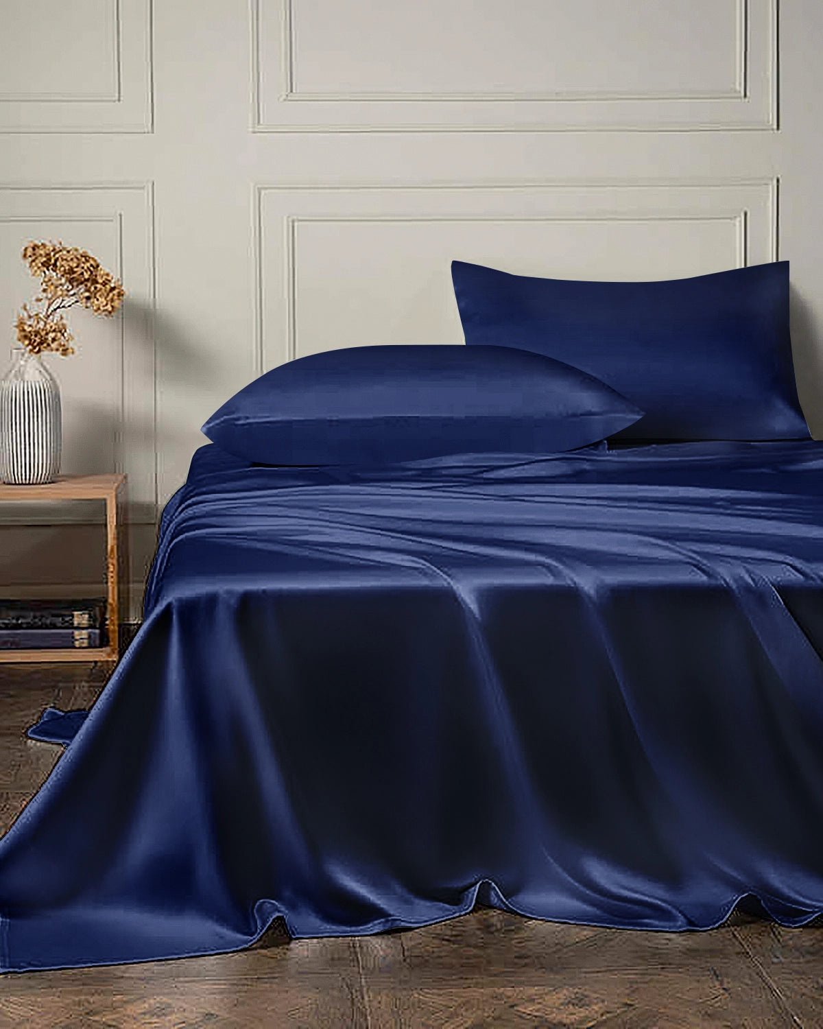 22 Momme 4PCS Silk Flat Sheet and Fitted Sheet Set, Navy