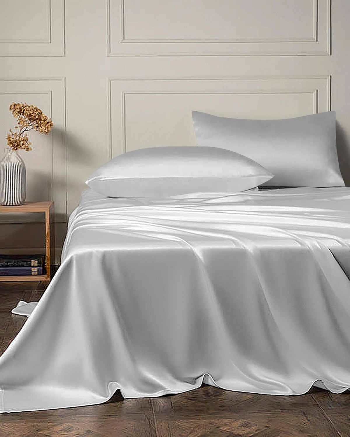 25 Momme 4PCS Silk Flat Sheet and Fitted Sheet Set, Grey