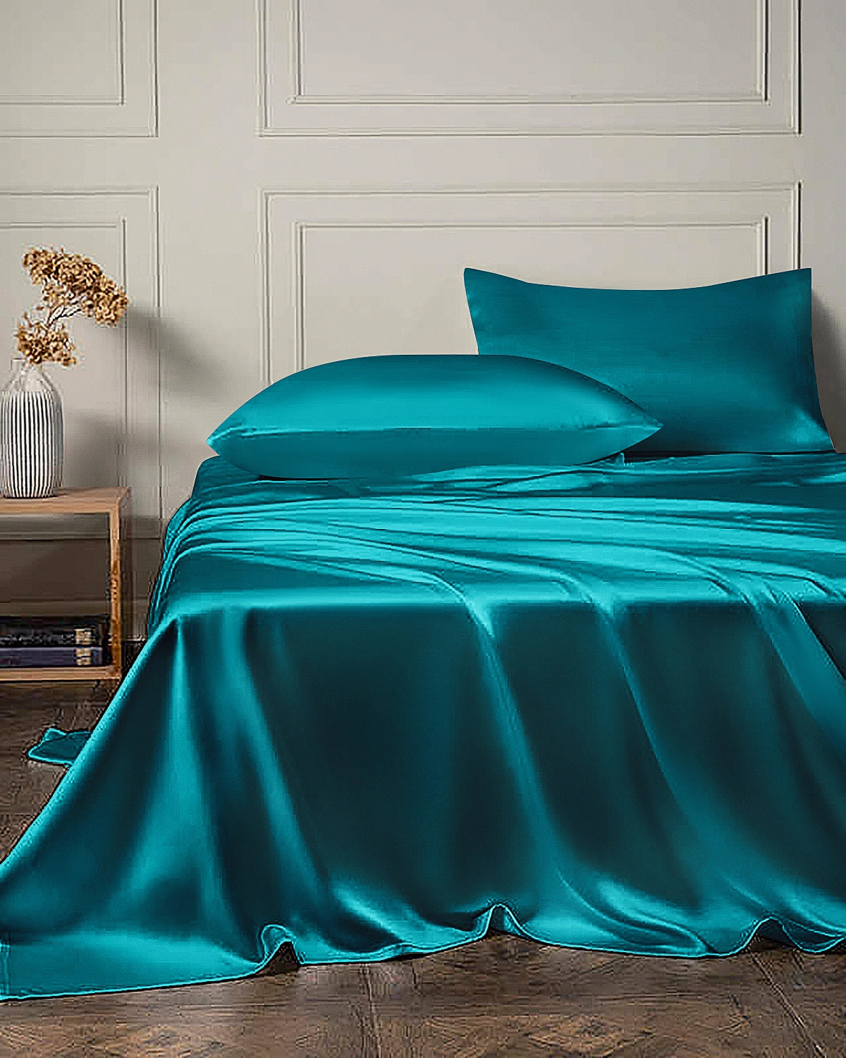 25 Momme 4PCS Silk Flat Sheet and Fitted Sheet Set, Peacock Blue