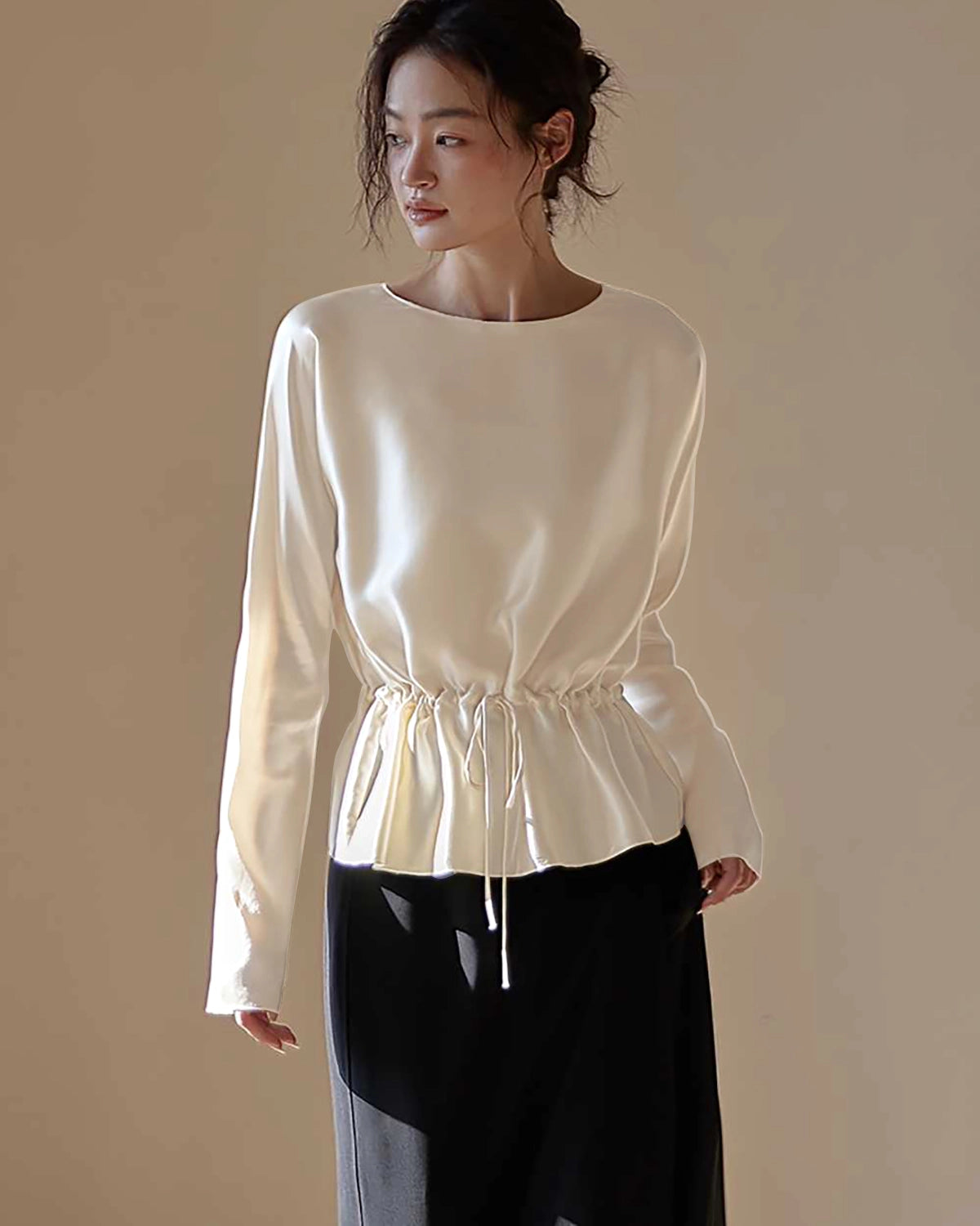 Elegant Drawstring Waist Silk Blouse, Cream
