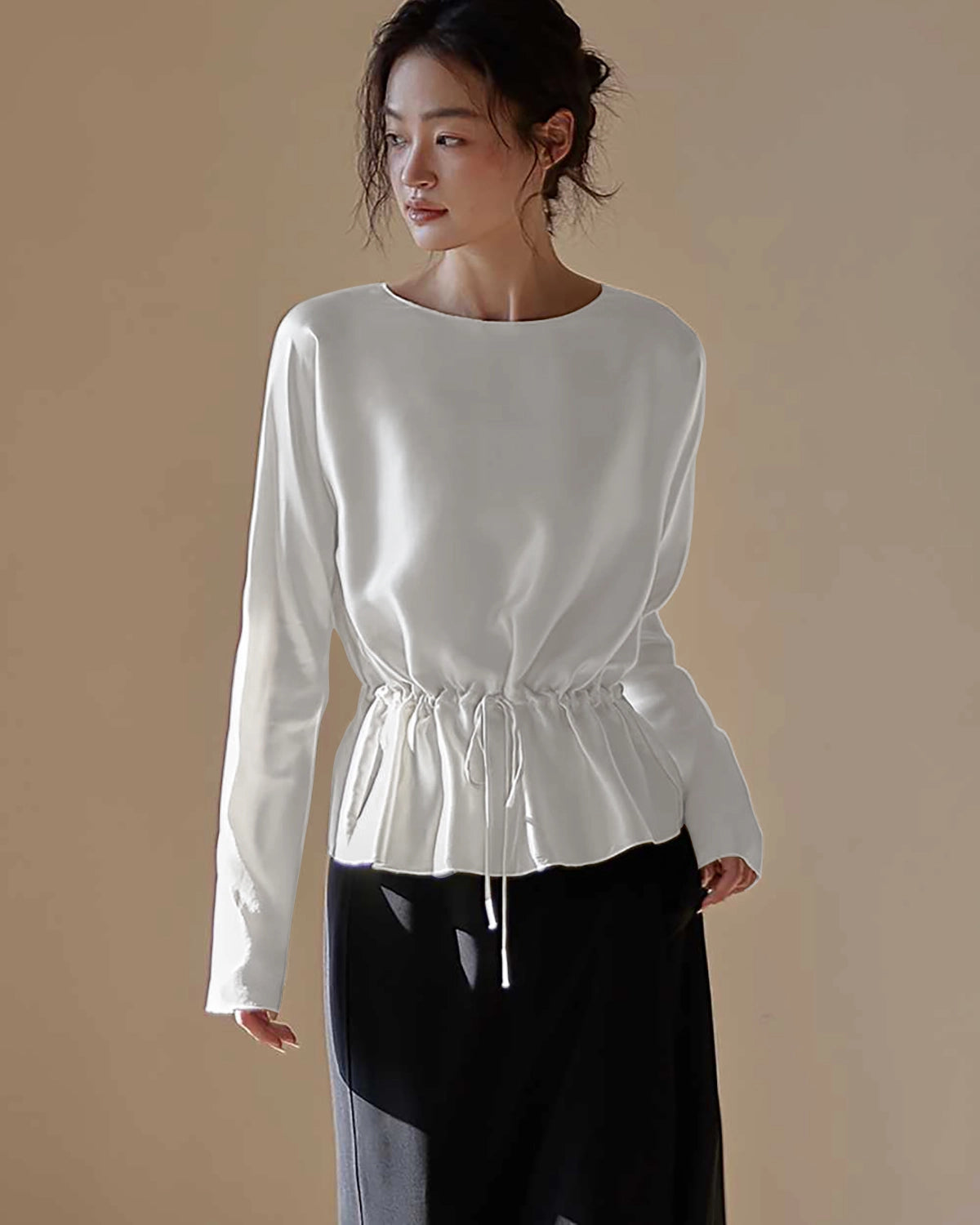 Elegant Drawstring Waist Silk Blouse, White