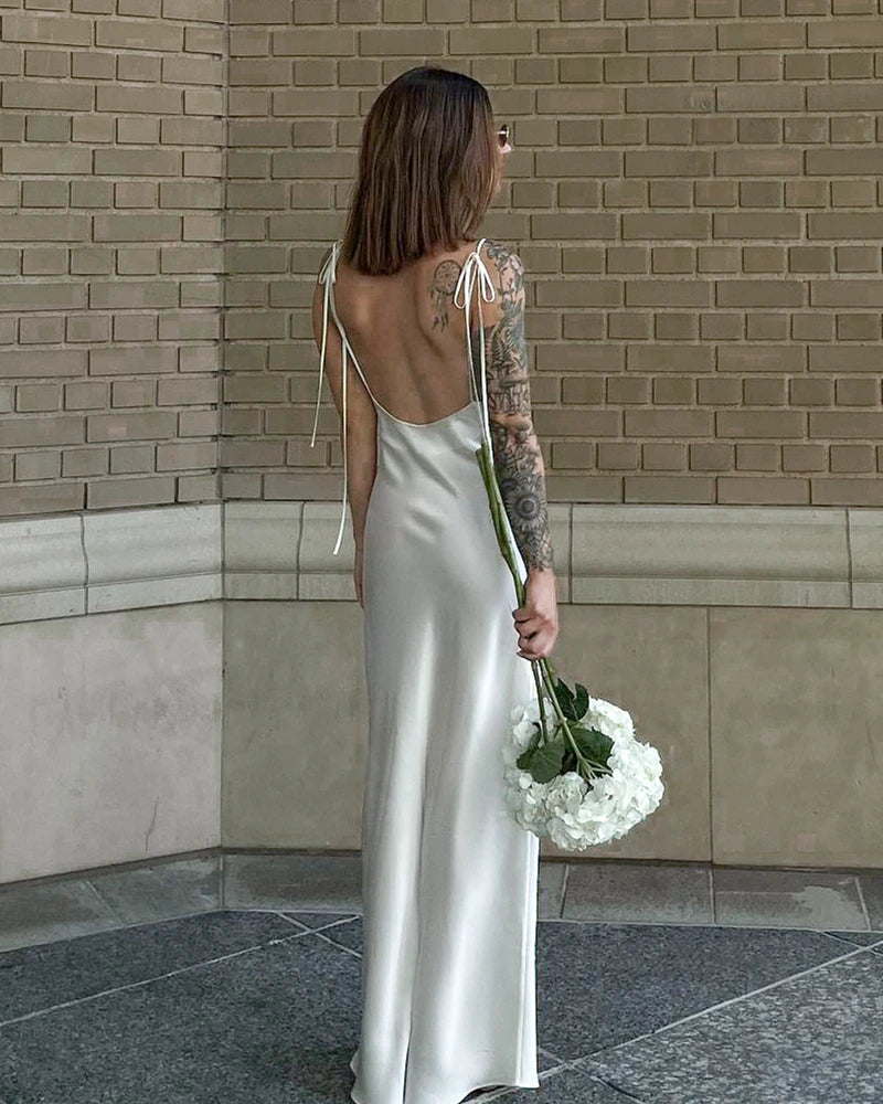 Backless Cami Maxi Silk Dress, White