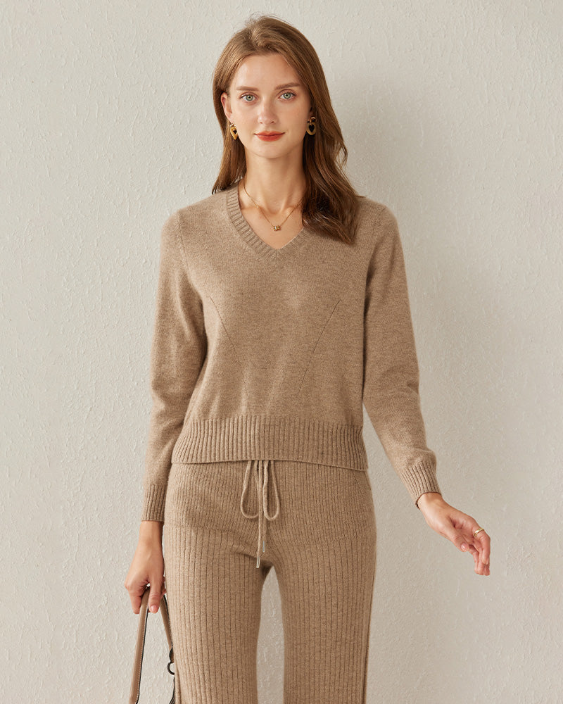 Basic V-Neck Cashmere Sweater, Khaki