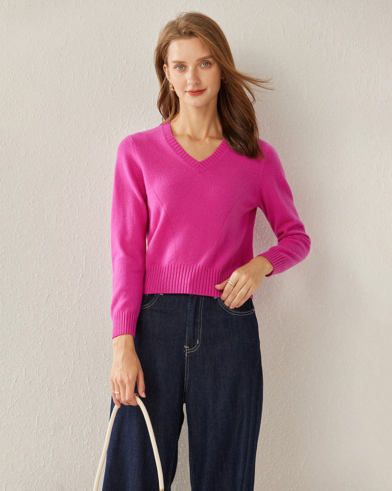 Basic V-Neck Cashmere Sweater, Pink
