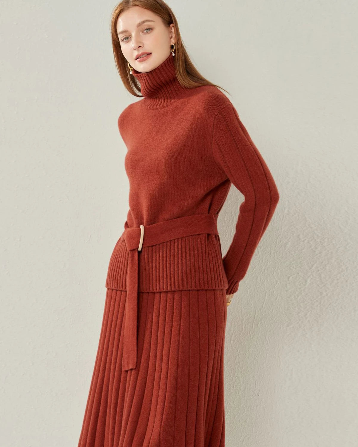 Belted Jumper Cashmere Sweater, Red