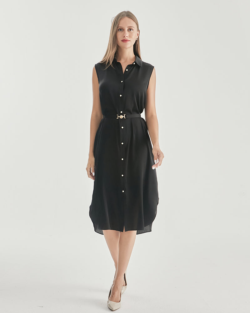 Belted Shirt Dress Sleeveless Silk Dress, Black